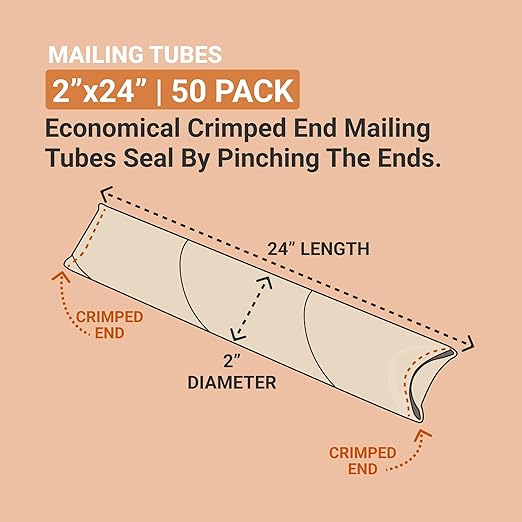 AVIDITI Cardboard Tubes with Foldable Ends, 24"L x 2"W x 2"H, Pack of 50 | Poster Tube for Mailing And Storage of Blueprints, Artwork, Crafts, Long Art Holder, 24 inches