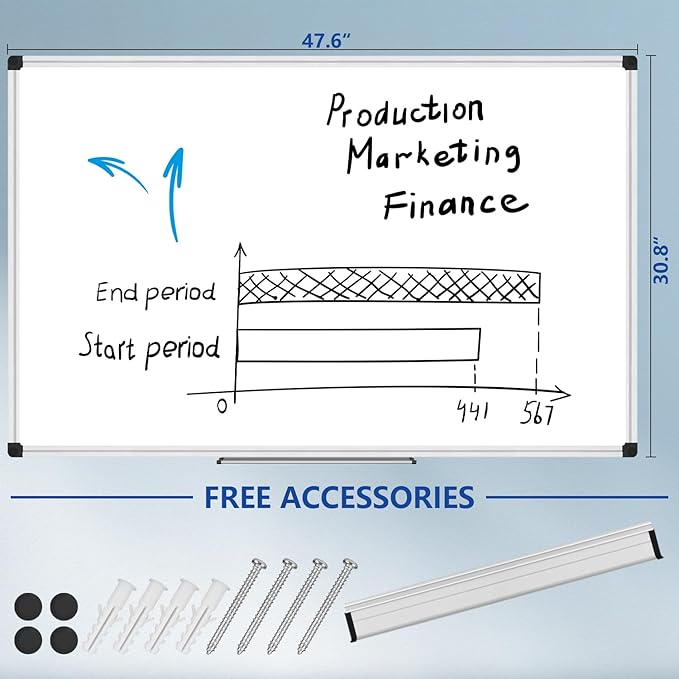 XBoard Magnetic Whiteboard 48 x 31 inch, Dry Erase Board with Silver Aluminum Frame, White Board with Detachable Marker Tray for Home School Office