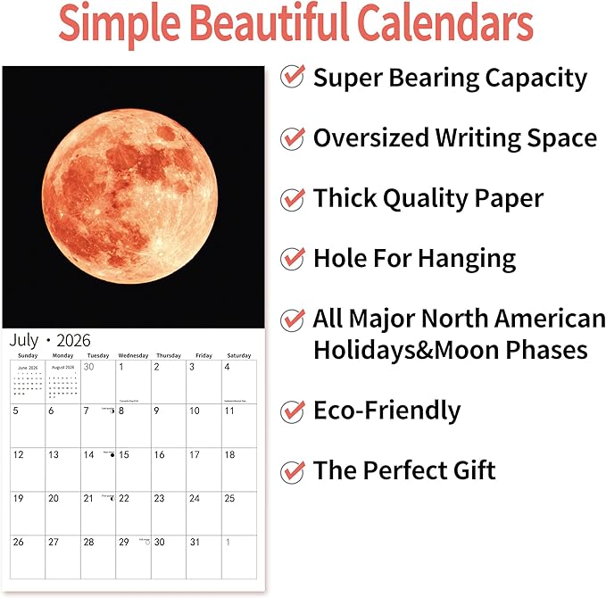 2026 Wall Calendar,Calendar 2026, November 2025 - December 2026, Wall Calendar Moon, 12" x 24" Opened,Full Page Months Thick & Sturdy Paper for Calendar Organizing & Planning
