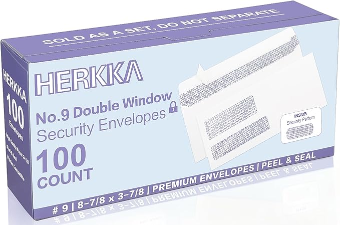 #9 Double Window Security Envelopes, HERKKA No.9 Double Window Business Envelopes Designed for Invoices and Business Statements - Number 9 Size 3 7/8 Inch X 8 7/8 Inch - 24 LB - 100 Pack