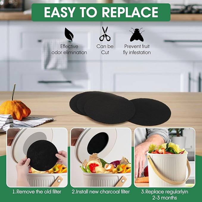 6 Pack Charcoal Filters for Compost Bucket，Compost Filters for Countertop Bin， Odor-Absorbing Activated Charcoal Replacement for Kitchen Compost Bins，6.7 Inch，Compost Filter
