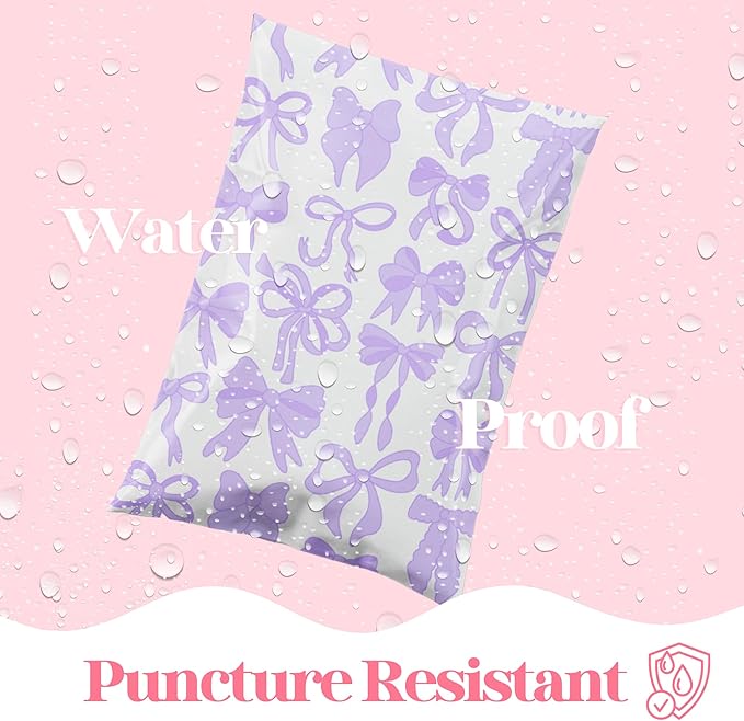 Pretty Package Store 6x9 Designer Poly Mailer 100 Pack Heavy Duty Waterproof Self Seal Shipping Bags for Small Business Large Mailing Envelopes Bulk Tear Resistant Packaging Purple Bows