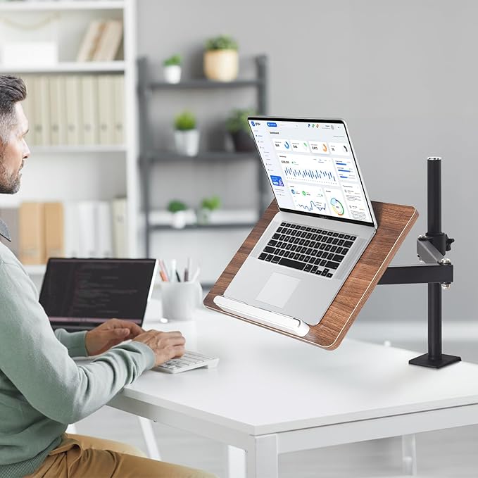 Adjustable Book Stand with Desk Clamp Mount, Wooden Reading Holder with Metal Arm, Black