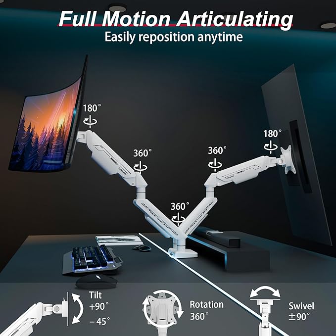 Fydeamer Dual Monitor Arm for 17-35" Screens up to 24.2 lbs, Ergonomic Gas Spring Monitor Stand with Height Adjust, Tilt, Swivel & Cable Management, VESA Desk Mount with 2 Types of Installation, White