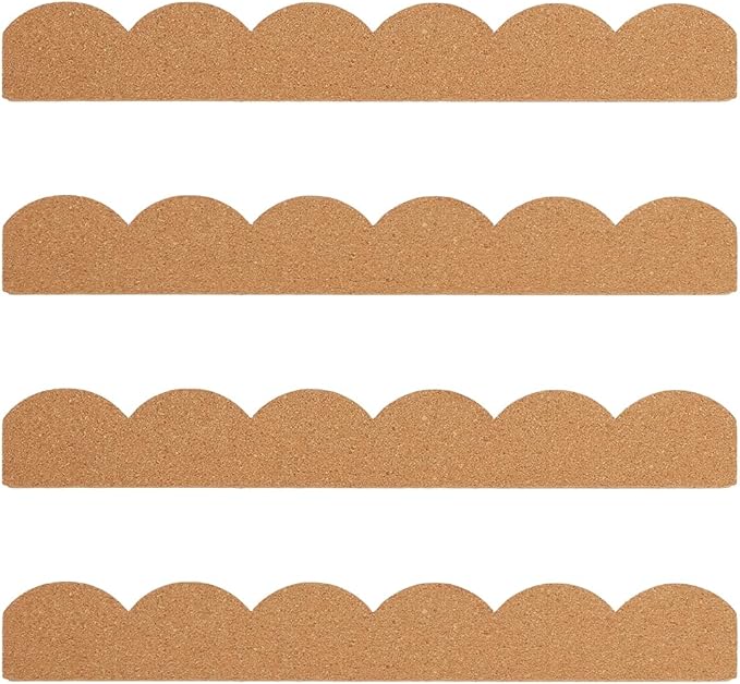 SOFPLATE 4Pcs Bulletin Bar Strip Cork Board Strips 14.6 x 2 Inch Self Adhesive Scalloped Frameless Cork Pin Notice Board for Classroom Office Home Cubicle Wall Decoration Hanging Photos Note Schedules