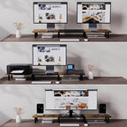 WEGASTU 43.7" Extra Long Dual Monitor Stand Riser, Wood & Steel Monitor Stand for 2 Monitors, Wide TV Stand, Desktop Riser for Desk Organization, Home Office、Laptop,Printer,TV (Vintage black)