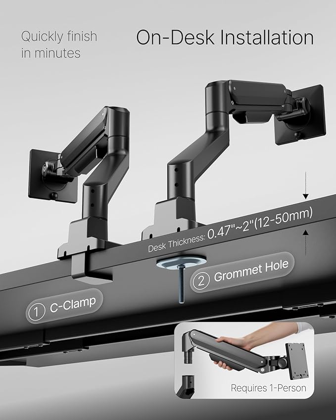 monTEK Deluxe Monitor Arm with USB A/C up to 40 Inch Holds 26.4 lbs Curved Screens Aluminum Fully Motion Single Monitor Stand with Clamp/Grommet, Quick Release Plate,75/100mm VESA, MA1008UCBK