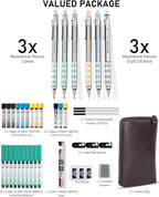 Nicpro Blocky Gear Metal Mechanical Pencil Set with Leather Case, 40PCS Art Drafting Pencil 0.5, 0.7, 0.9 & 2mm Lead Pencil with 352PCS (HB 2H 4H 2B 4B 6B Color) Lead Refills for Sketching Drawing