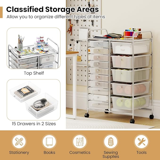 Giantex 15 Drawer Rolling Cart with Drawers, Storage Organizer Cart for Classroom Office School Teacher, Mobile Drawer Cart for Tools, Crafts, Small Printer, Clear