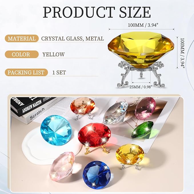 PATIKIL Diamond Crystal Paperweight, 100mm / 3.94" Crystal Paperweight Paper Weight with Silver 25 Metal Base for Home Office Desktop Table Decor Wedding Party Ornaments, Yellow