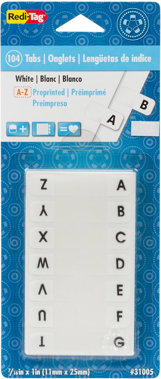 Redi-Tag Alphabetical Tabs, A - Z Pre-Printed Divider Tabs, Permanent Adhesive Index Labels,Divider Labels for School, Home and Office, 7/16" x 1", White, 104 Tabs Per Pack, (B31005)