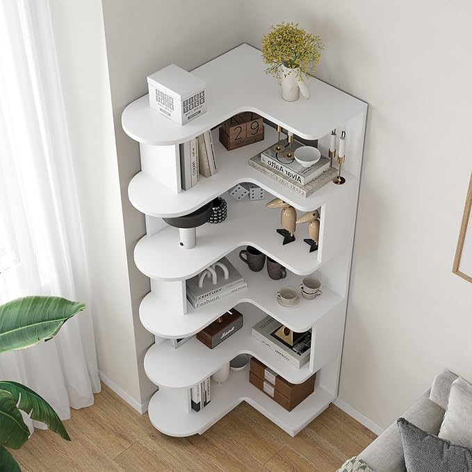 Farini 5-Tier Corner Bookshelf,L-Shaped Bookcase Freestanding Storage Shelf & Display Stand for Living Room, Office, Bedroom,White