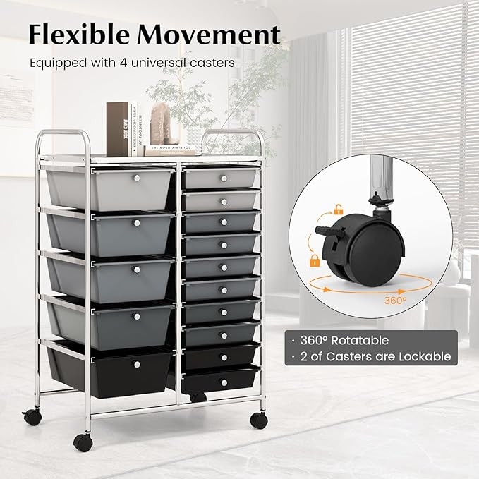COSTWAY 15 Drawers Storage Cart, Multipurpose Rolling Utility Cart on Wheels w/Lockable Wheels & Removable Drawers, Mobile Tools Scrapbook Paper Organizer Cart for Office School Home, Mixed Black