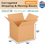 Medium Moving & Shipping Boxes 14x14x12 inches (10-Pack) - Extra Strength 200 lb vs Regular - Corrugated Cardboard Box, Made in USA - Medium Packing Box - Moving Supplies Box by IDL Packaging