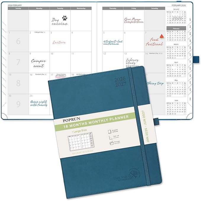 POPRUN Monthly Planner 2026-2027 (Large- 8.5" x 10.5" Soft Cover), 18-Month Calendar Book (Jan.2026 - Jun. 2027), Calendar Planner with Monthly Tabs & Pocket, 100 GSM Paper - Night Sky Blue