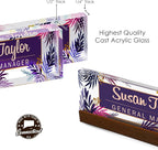 Artblox Personalized Office Desk Name Plate and Business Card Holder | Clear Acrylic Glass with Teak Wood Stand | Purple Leaf Design Customized with Your Name and Credentials Office Desk Decor