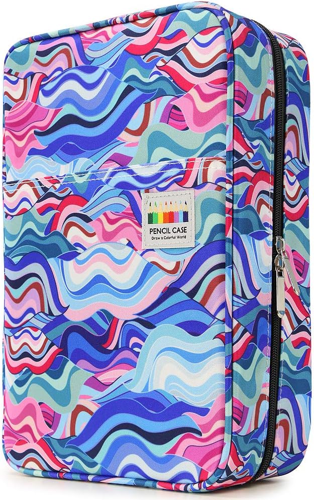 YOUSHARES Big Capacity Colored Pencil Case - 300 Slots large Pen Case Organizer with Multilayer Holder for Prismacolor Colored Pencils & Gel Pen (Wavy Blue)