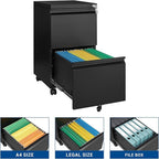 Fesbos 2 Drawer Vertical File Cabinet - Mobile Filling Cabinet with Lock for Legal/Letter Files - Office Storage File Cabinet with Wheels Under Desk - Assembly Required
