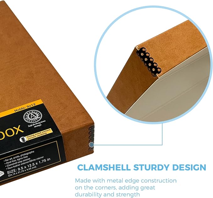 Lineco Folio Storage Box, Faux Leather Cover, Clamshell Design, 9.5x12.5x1.75 Inches, Archival Boxboard, Preserve Photos, Cards, Magazines, Documents, Art, Ephemera, Family Records, Tan, Pack of 1