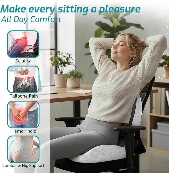 Memory Foam Seat Cushion,Office Chair Cushion with Lumbar Support,L-Shape Ergonomic Cushions with Strap,Non-Slip Sciatica,Hemorrhoids, Tailbone Pain Relief for Office Workers,Driver (Black+Light Gray)