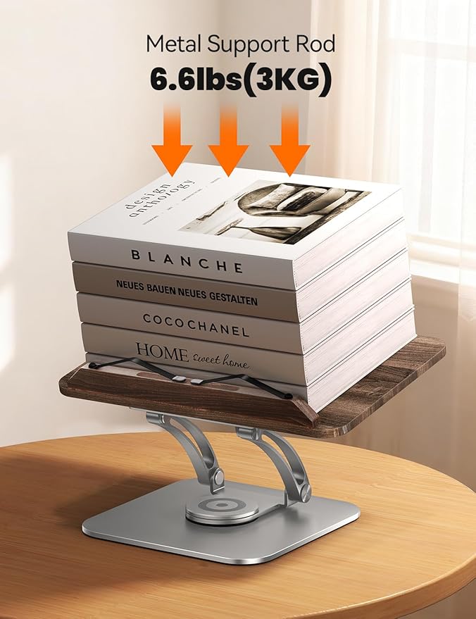 Tounee Book Stand for Reading, Adjustable Book Holder with 360° Swivel Base, Foldable Cookbook Stand Recipe Book Holder with Elastic Page Clips for Music Scores, Recipe, Tablet, Laptop-Silver