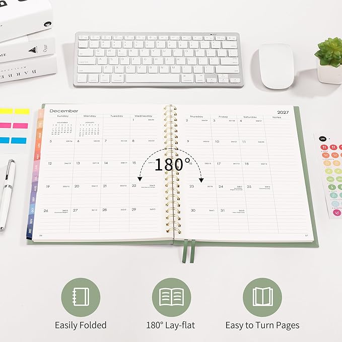RETTACY 2026-2027 Monthly Planner, Jan 2026 - Dec 2027, Large Size (8.5" x 11"), Agenda, Calendar, 24 Month Tabs, Flexible Plastic Cover, 100 GSM Thick Paper, Spiral-bound (Light Green)