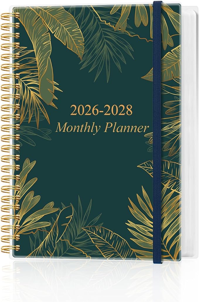 2026-2028 Monthly Planner, Three Years Calendar from January 2026 - December 2028 with Spiral Binding, Inner Pocket, Elastic Closure, 38 Month Planner for Home | School | Office, 5.8" x 8.5", Green Gold Leaf