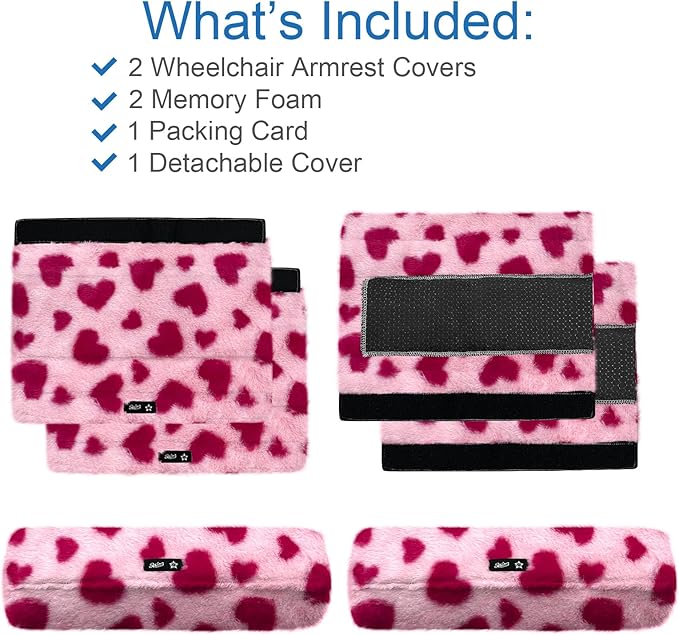 SPRING SEAON Wheelchair Armrest Covers 2 Pack Soft Memory Foam Wheelchair armrest Pads Wicking Washable for Office Transport Chair (Pink Heart)
