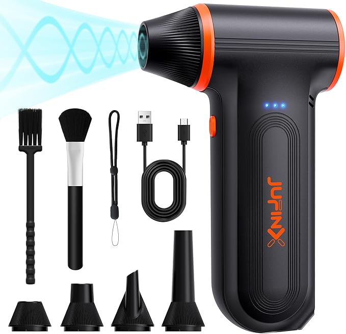 JUFINX X117 Compressed Air Duster-150000RPM Super Power Snow Blower, 3-Gear Adjustable Mini Blower with Fast Charging, Electric Air Duster for Leaves,Snow,Computer, Keyboard, House, Outdoor,and Car