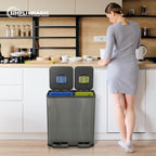 70 Liter / 18.5 Gallon Rectangular Hands-Free Dual Compartment Recycling Kitchen Step Trash Can with Soft-Close Single Lid, Stainless Steel (40L x 30L Capacity) Elegant Black Finish