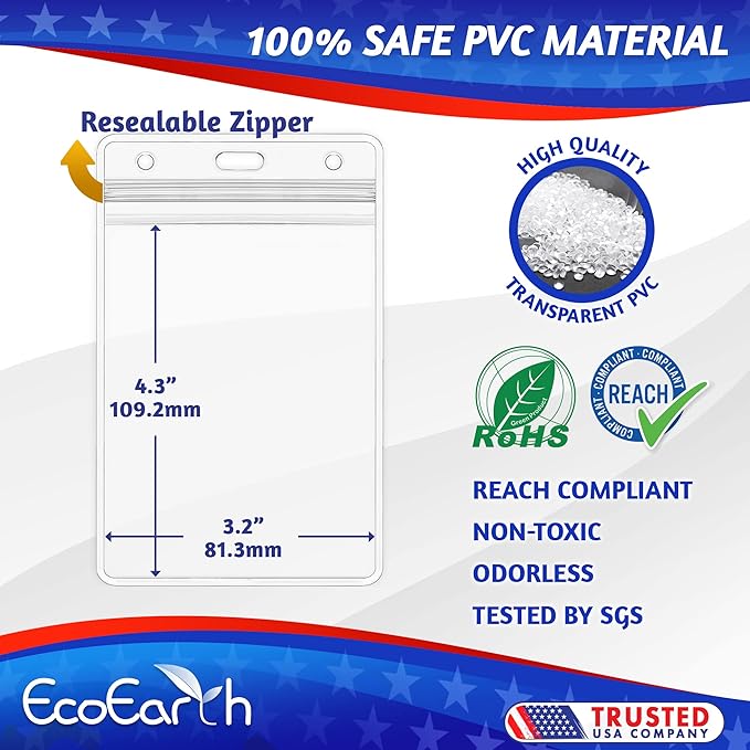 EcoEarth - Vertical Card Protector w/Soft Edge - Premium Tier Sealable 3x4 Inch, 100 Pack - Waterproof ID Badge Holder - Plastic Name Tag Holder Bulk
