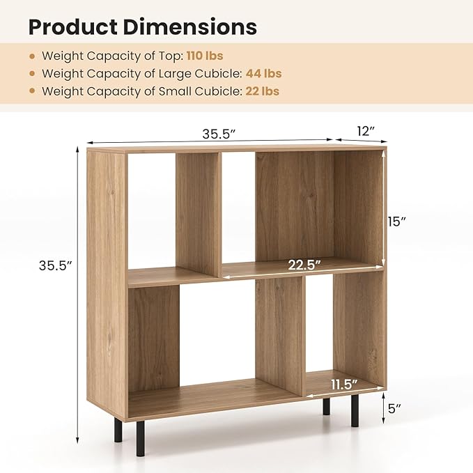 Tangkula 4 Cubby Open Bookcase, 3-Tier Freestanding Bookshelf with Detachable Metal Legs, Anti-toppling Device, Anti-Falling Baffles, Modern Cubicle Display Shelf (2,Natural)