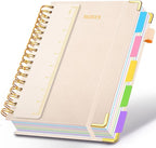 Hardcover Spiral Notebook 8"x10" Journal Notebook with Tabs and Removable Dividers 300 Pages 5 Subject Notebook College Ruled, Faux Leather Spiral Bound Notebook for Women School Work (White)