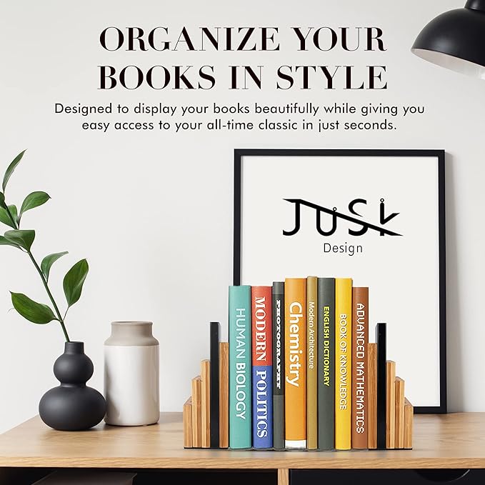 JUSK DESIGN Bamboo Book End/Book Organizer - Non-Skid Decorative Bookends for Office and Home - Book Holders for Shelves - Substantial Weight - Holds Heavy Books