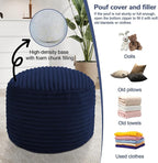 MeMoreCool Stuffed Round Pouf Ottoman Foot Rest, Soft Plush Floor Pouf Foot Stool, Corduray Footstool Footrest, Small Round Ottoman for Living Room Couch Sofa Chair, 20x15 Inch Navy