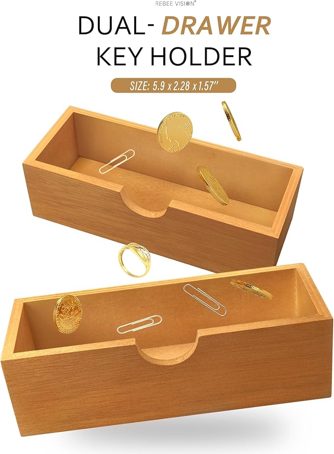 Rebee Vision Modern Farmhouse Key Holder Wall Mount with 2 Drawer Organizer - Mail Holder for Wall with 6 Key Hooks - Ideal for Entryway, Kitchen, and Living Room Decor (Light Brown)