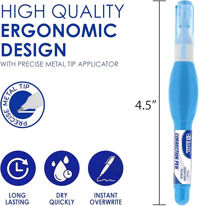 BAZIC Products Mini Correction Pen - Corrections Fluid, Precise Metal Tip White Out, Ideal for School & Office Supplies, Alternative to Correction Solution, 3/Pack, 144-Packs