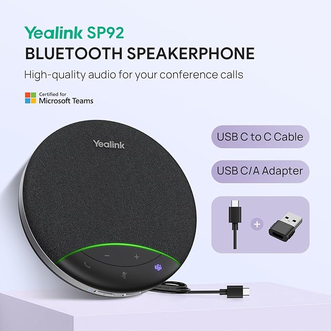 Yealink SP92 USB Speakerphone Bluetooth Conference Speakers and Microphone Teams Certified Full-Duplex Noise Reduction 360° Audio Pickup for Small Meeting Room (NO DONGLE)