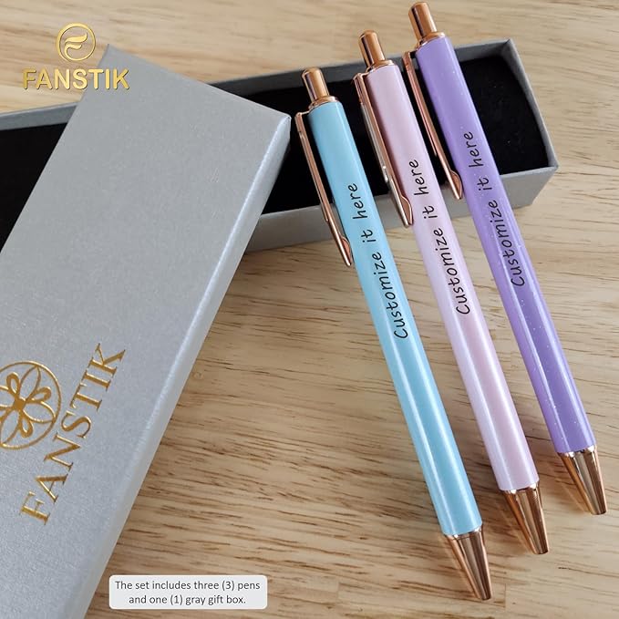 FANSTIK Customized BallPoint 3-pack pens set with name (MADE IN USA), Fancy Pen Set for Women, Thank you gift for woman, Luxury engraved pens personalized for women, (BallPoint Fancy Set)