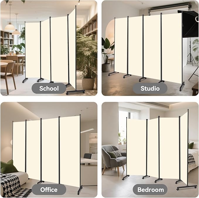 Room Divider (4 Panel) Wall Divider for Room Partition, 88 inch Metal Frame Wide Portable Privacy Screens W/Wheels, Freestanding Room Separators 5.6FT Room Divider Panel