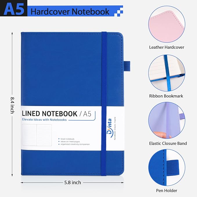 Dynta Hardcover Journal Notebooks 10 Pack A5 Lined Journals Bulk 5.8 x 8.4 Inch 160 Pages/80 Sheets 10 Colors College Ruled with Pen Loop Notebooks for Work, Writing, Note Taking