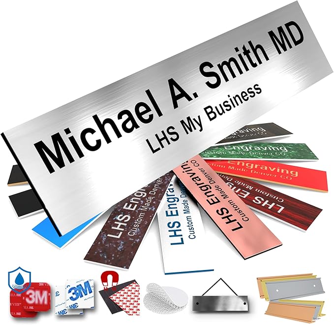 Door Name Plate Personalized for Office Brushed Steel Plastic Name Plate Black Letters - Made in USA 2x4 M1