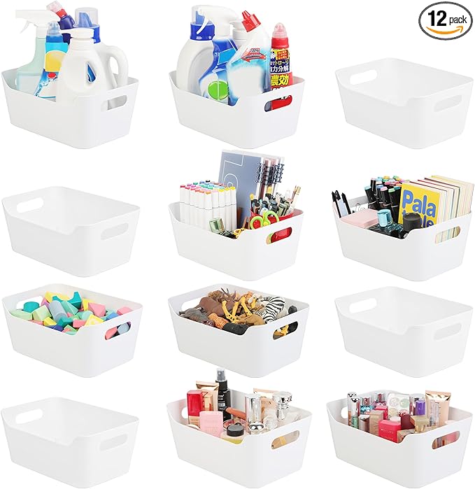 Tiawudi 12 Pack Storage Bins, Plastic Storage Containers, Multi-Use White Organizer Bins for Cabinet, Pantry, Drawer, Closet, Countertop or Shelves
