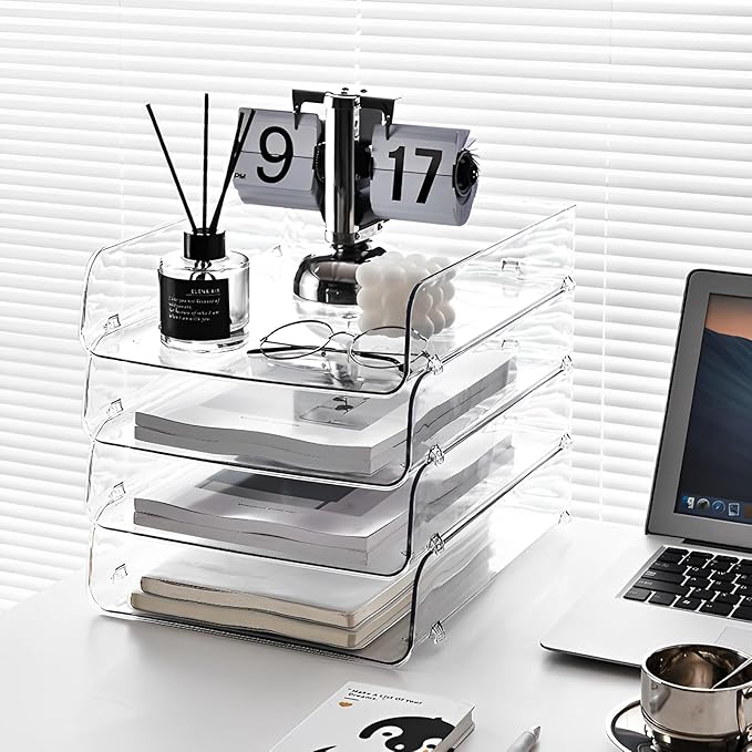 Gagee 4 Pack Paper Organizer for Desk,Clear Stackable Paper Sray Holder, Office Desk Organizer for Notes, Pens, File, Document