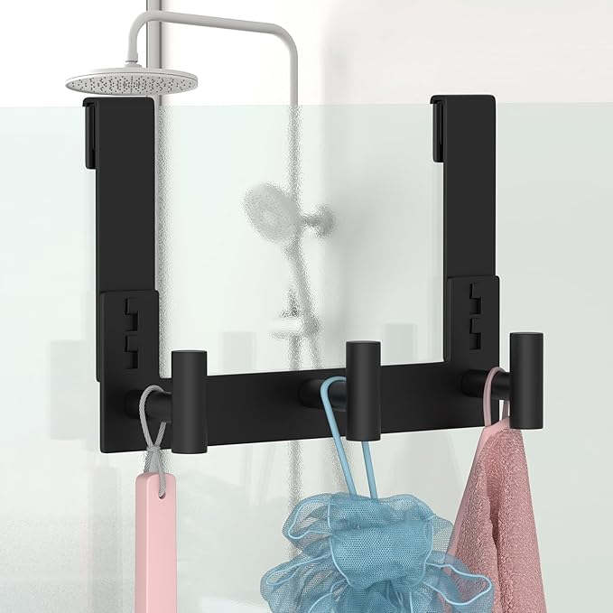 PMMASTO No-Drill Extra Long Shower Hooks, Fits 3/8" Thick Door, Heavy Duty Stainless Steel Towel Hooks for Frameless Glass Shower Door, Holds Bathrobe Towel (Black, 3 T-Hooks)