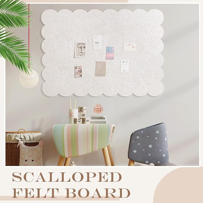 Mooliwe Scalloped Felt Bulletin Board 48 x 36 Inches Foldable Beige Pin Cork Board Alternative for Wall, 4' x 3' Trifold Picture Vision Self Adhesive Bulletin Decorative