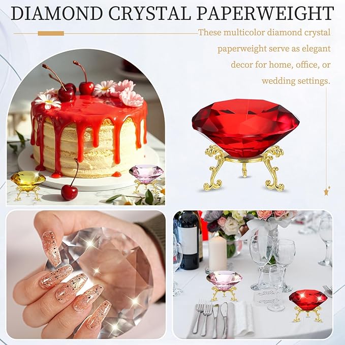 PATIKIL Diamond Crystal Paperweight, 80mm / 3.15" Crystal Paperweight Paper Weight with Gold 19 Metal Base for Home Office Desktop Table Decor Wedding Party Ornaments, Red