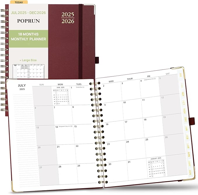 POPRUN Monthly Planner 2025-2026 Spiral Hardcover (8'' x 10''), 18 Months Calendar (Jul.2025 - Dec.2026) - 2 Pages per Month with Dotted Note Pages, Sunday Start, Laminated Tab - Burgundy