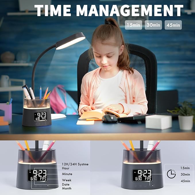 Led Desk Lamp for Home Office, Touch Table Lamp with USB Charging Port, 3 Color Modes Stepless Dimmable Reading Light, Gooseneck Lamp for Dorm Room, Bedside Study Light with Clock,Adapter Include