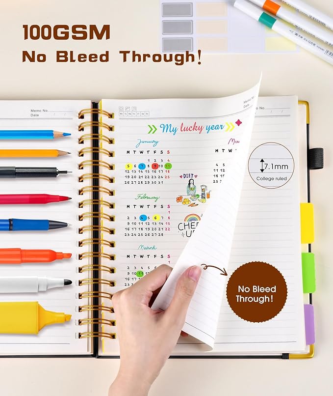 Hardcover Spiral Notebook 8.5"x11" Journal with Removable Dividers Tabs, 300 Pages Leather 5 Subject Notebook College Ruled, Large A4 Notebooks for Work School, Lined Journal for Women, A4 Black